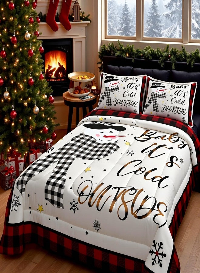 Man Fei Kids Christmas Snowman Comforter Set Queen Size,Snowflake Winter Bedding Set,Girls Boys Adults Xmas Decor,Geometric Grids Lattices Patch Down Comforter,Red Rustic Vintage Duvet Insert,2 Pillowcases - Image 1