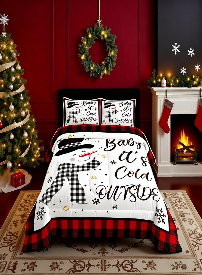 Man Fei Kids Christmas Snowman Comforter Set Queen Size,Snowflake Winter Bedding Set,Girls Boys Adults Xmas Decor,Geometric Grids Lattices Patch Down Comforter,Red Rustic Vintage Duvet Insert,2 Pillowcases - Image 4