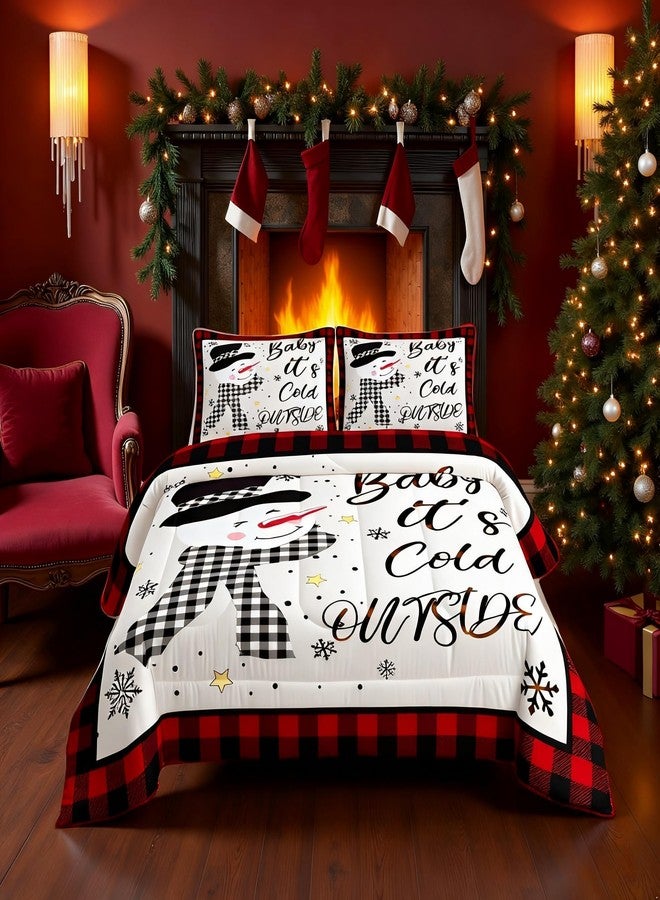 Man Fei Kids Christmas Snowman Comforter Set Queen Size,Snowflake Winter Bedding Set,Girls Boys Adults Xmas Decor,Geometric Grids Lattices Patch Down Comforter,Red Rustic Vintage Duvet Insert,2 Pillowcases - Image 2