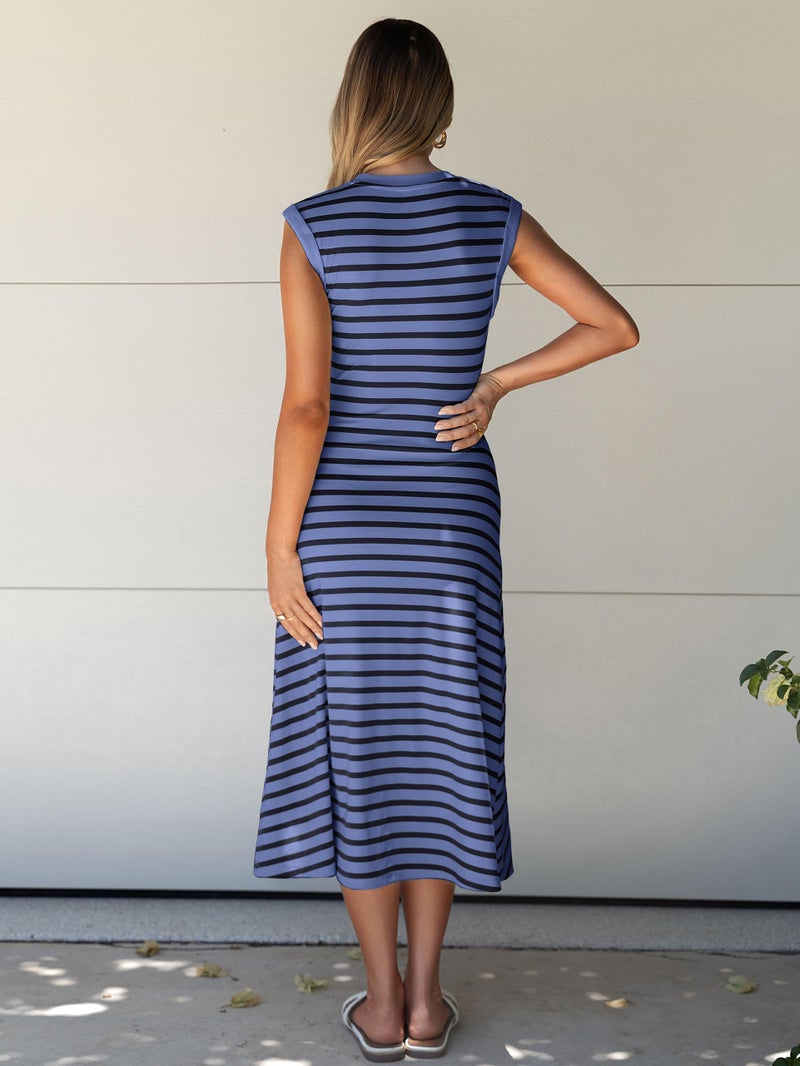 Glamaker Women Summer Tshirt Midi Dress Soft A Line Cap Sleeve Casual Sun Dress for Work Beach Vacation(Dusty Blue L) - Image 5