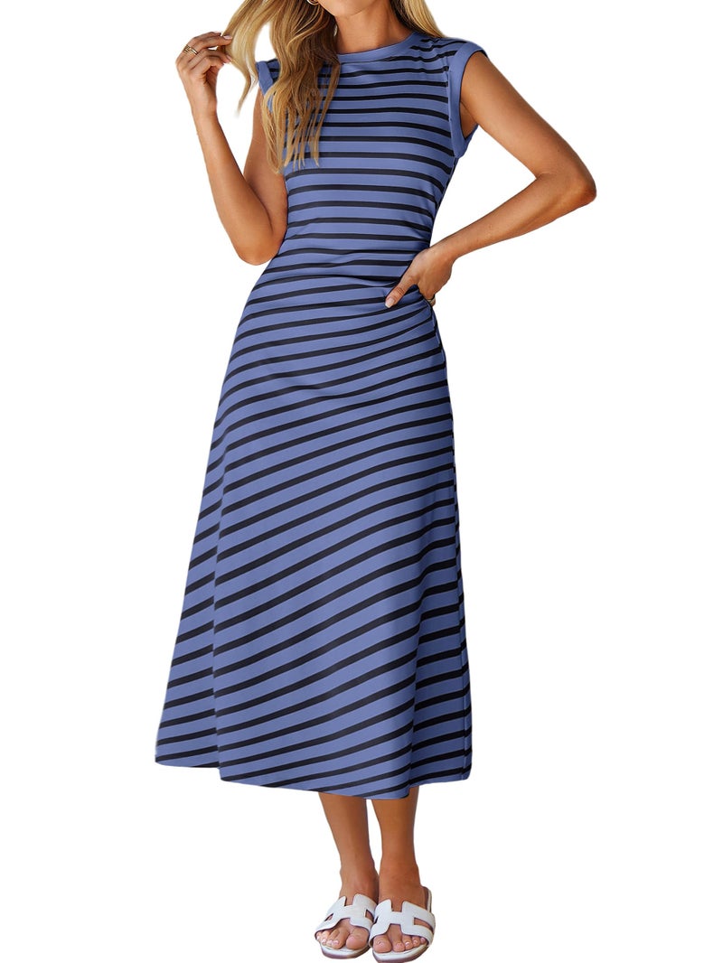 Glamaker Women Summer Tshirt Midi Dress Soft A Line Cap Sleeve Casual Sun Dress for Work Beach Vacation(Dusty Blue L) - Image 1