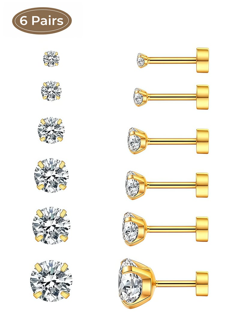 Stud Earrings 6 Pairs Hoop Earrings Set Women Girls, Stainless Steel Piercing Jewelry 6 Size AAA Zircon With Round Cake Ear Stud Earrings 4-Claw Grab Zircon Ear Bone Stud (Gold) - Image 1
