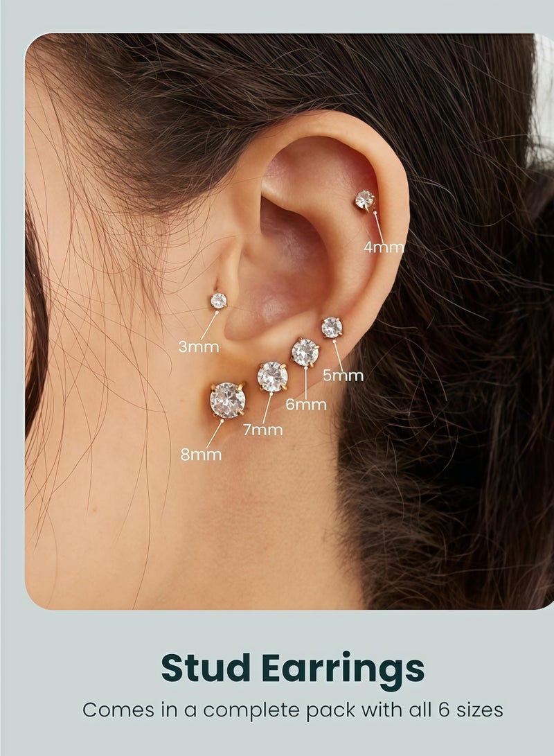 Stud Earrings 6 Pairs Hoop Earrings Set Women Girls, Stainless Steel Piercing Jewelry 6 Size AAA Zircon With Round Cake Ear Stud Earrings 4-Claw Grab Zircon Ear Bone Stud (Gold) - Image 2