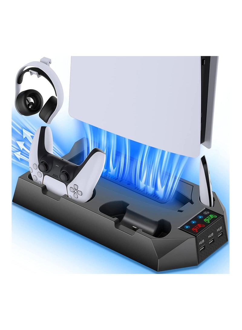 PS5 Stand with Cooling Station and Dual Controller Charging Station for PS5 Digital Edition, PS5 Disc Version, PS5 Cooling Fan with Headset Holder and 3 Adjustable Fan Speeds (Black) - Image 1