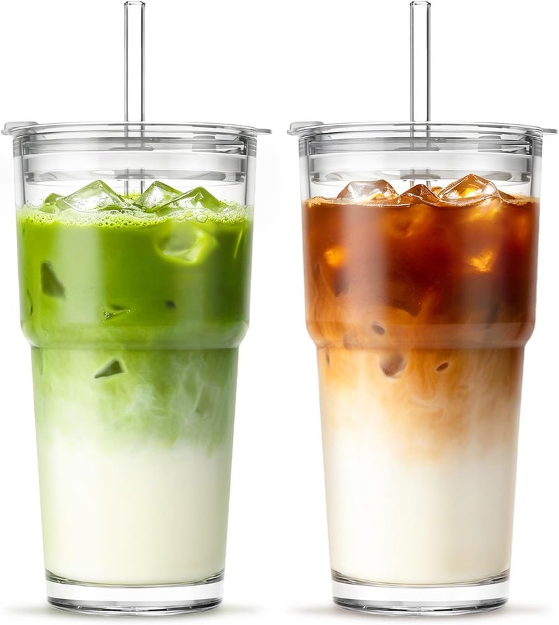 INSETLAN 20oz Clear Glass Cup with Lid and Glass Straw, Set of 2 Thickened Glass Coffee Tumblers, Drinking Glasses with Straw for Smoothie, Tea, Milk, Whiskey, Water and More – Elegant & Durable - Image 1