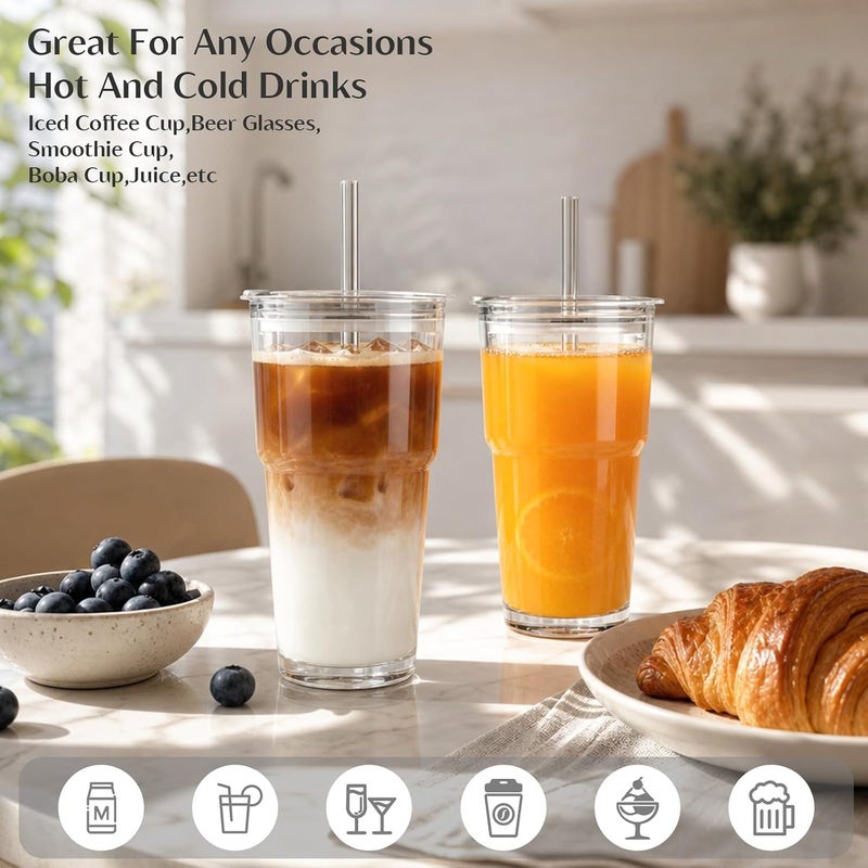 INSETLAN 20oz Clear Glass Cup with Lid and Glass Straw, Set of 2 Thickened Glass Coffee Tumblers, Drinking Glasses with Straw for Smoothie, Tea, Milk, Whiskey, Water and More – Elegant & Durable - Image 2