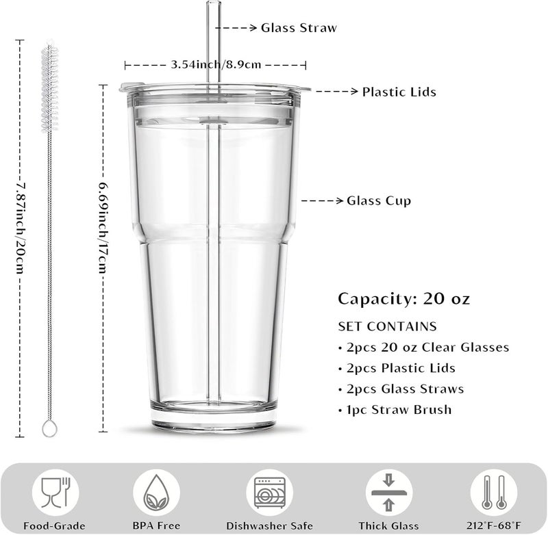 INSETLAN 20oz Clear Glass Cup with Lid and Glass Straw, Set of 2 Thickened Glass Coffee Tumblers, Drinking Glasses with Straw for Smoothie, Tea, Milk, Whiskey, Water and More – Elegant & Durable - Image 3