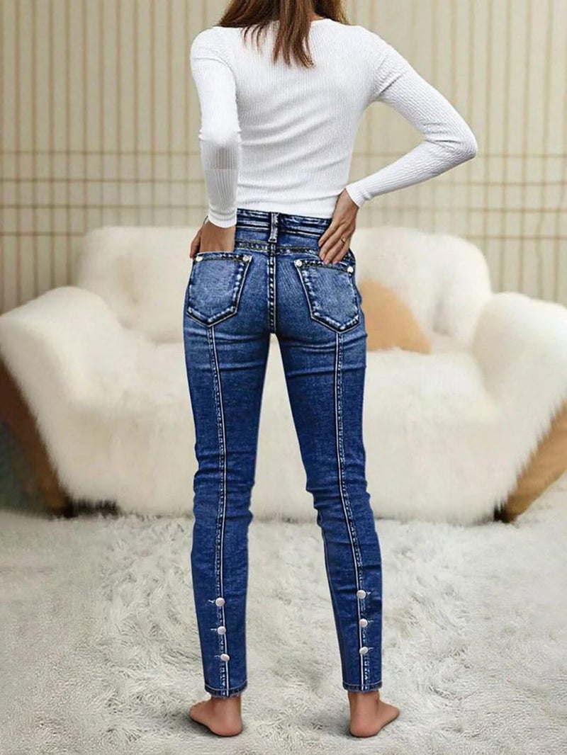 Flamingals Mid Waist Skinny Jeans for Women Butt Lifting Slim Fit Button Side Stitch Detail Trendy Denim Jeans Navy Blue L - Image 4