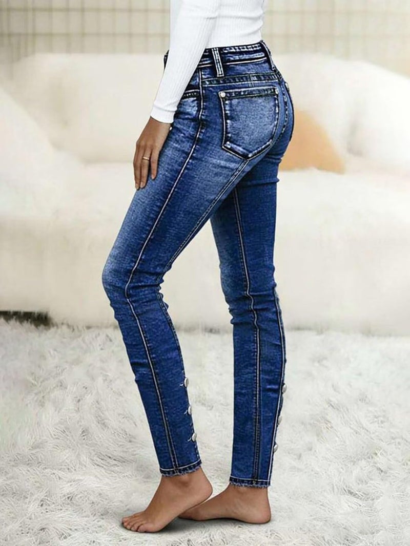 Flamingals Mid Waist Skinny Jeans for Women Butt Lifting Slim Fit Button Side Stitch Detail Trendy Denim Jeans Navy Blue L - Image 2