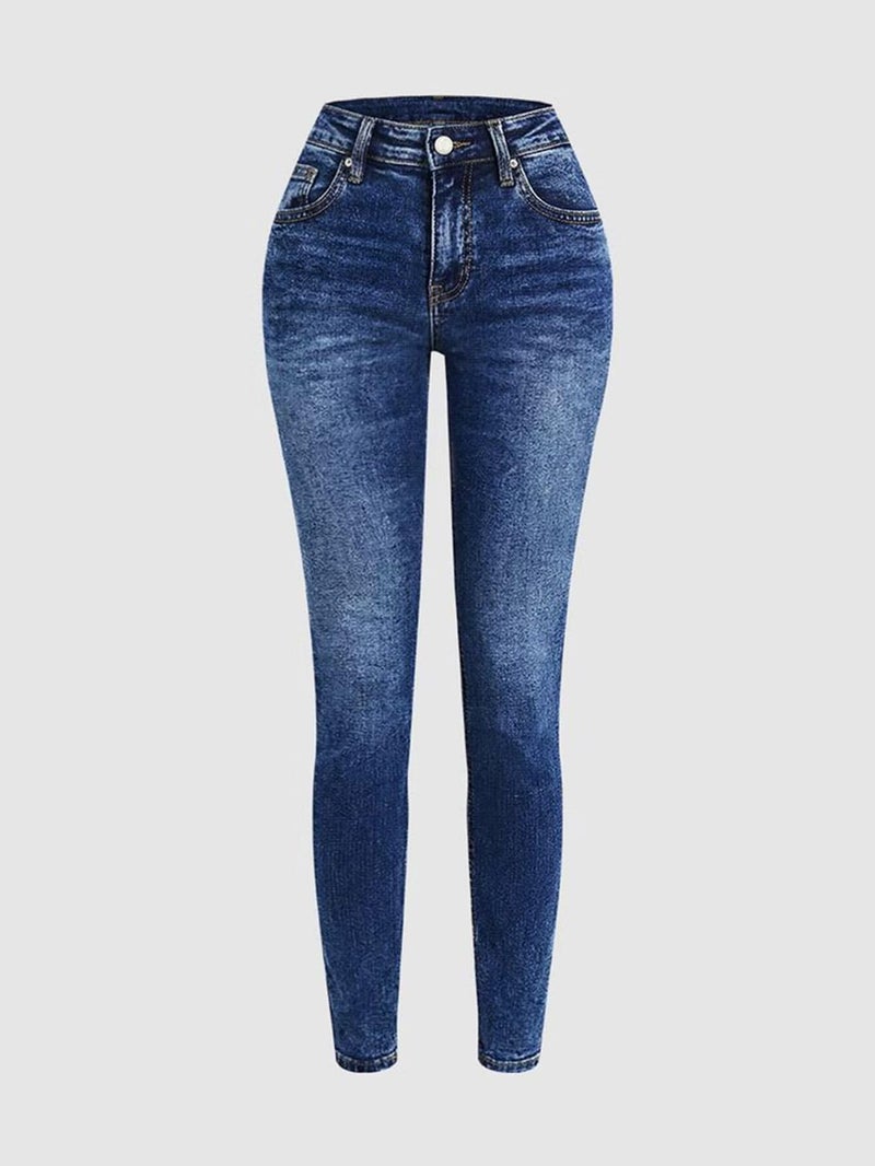 Flamingals Mid Waist Skinny Jeans for Women Butt Lifting Slim Fit Button Side Stitch Detail Trendy Denim Jeans Navy Blue L - Image 5