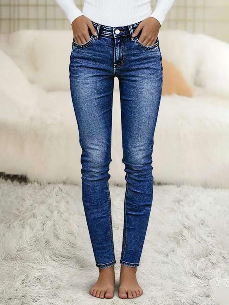 Flamingals Mid Waist Skinny Jeans for Women Butt Lifting Slim Fit Button Side Stitch Detail Trendy Denim Jeans Navy Blue L - Image 3