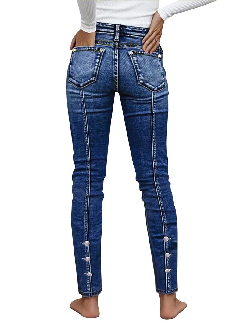 Flamingals Mid Waist Skinny Jeans for Women Butt Lifting Slim Fit Button Side Stitch Detail Trendy Denim Jeans Navy Blue L - Image 1