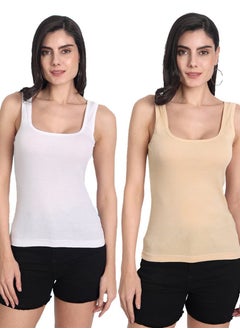 Aimly Aimly Women's Cotton Sleeveless Beige & White Camisole Slip Spaghetti Pack of 2  - Image 1