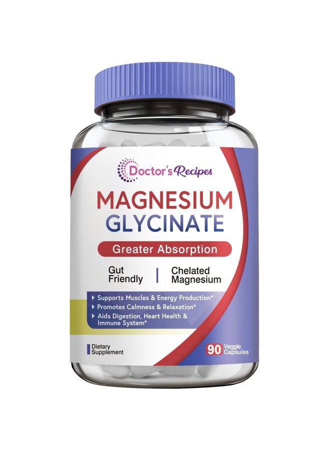 Doctor's Recipes مكمل مغنيسيوم جليسينات، مخلب الأحماض الأمينية، غير مخفف، عالي الامتصاص، سهل على المعدة، يدعم الهدوء، العظام، العضلات، القلب، الطاقة، الأعصاب، 90 كبسولة نباتية - Image 1