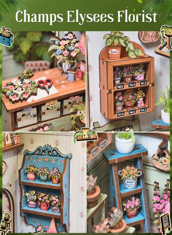 Cutefun Book Nook Kit - DIY Miniature Dollhouse Kit for Adults and Teens, French Flower Shop Mini House Building Kit with LED, 3D Wooden Puzzle for Beginner Creative Gifts (Champs-Élysées Florist) - Image 5