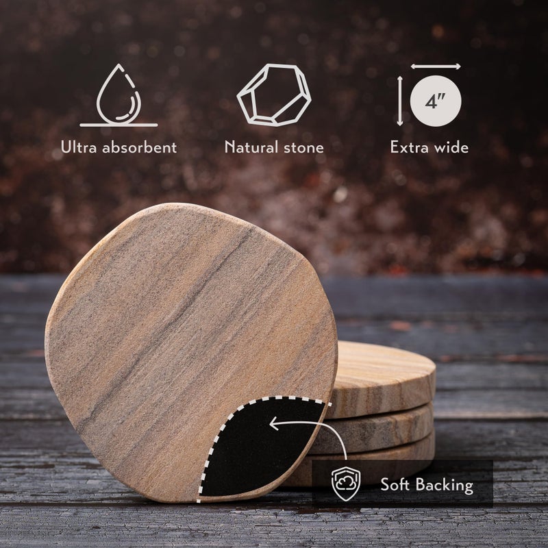 Cork & Mill Absorbent Coasters Set of 4 - Water Absorbing Sandstone Coasters for Drinks - Perfect for Coffee Table, Office Desk, Outdoor, Bedroom Nightstand - 4" Round - Unique Irregular Edge Design - Image 3