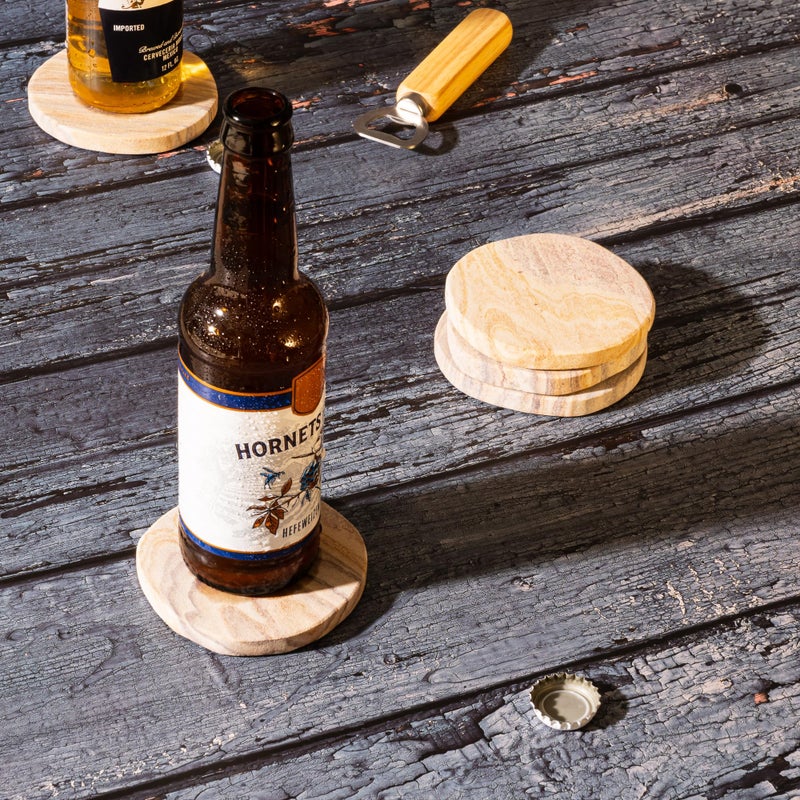 Cork & Mill Absorbent Coasters Set of 4 - Water Absorbing Sandstone Coasters for Drinks - Perfect for Coffee Table, Office Desk, Outdoor, Bedroom Nightstand - 4" Round - Unique Irregular Edge Design - Image 5