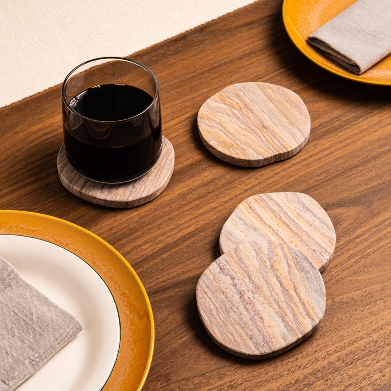 Cork & Mill Absorbent Coasters Set of 4 - Water Absorbing Sandstone Coasters for Drinks - Perfect for Coffee Table, Office Desk, Outdoor, Bedroom Nightstand - 4" Round - Unique Irregular Edge Design - Image 2