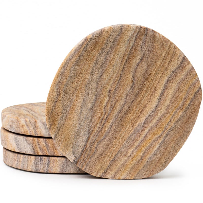 Cork & Mill Absorbent Coasters Set of 4 - Water Absorbing Sandstone Coasters for Drinks - Perfect for Coffee Table, Office Desk, Outdoor, Bedroom Nightstand - 4" Round - Unique Irregular Edge Design - Image 1