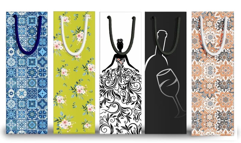 Dovetail Wine & Bottle Gifting Paper Carry Bags, Gifting For All Occasions, Parties - Diwali, Christmas, Anniversaries. House Warming, Size 13.5X5 Inchs, 250 GSM Art Card, 1 Bags Each of 5 Designs - Image 1