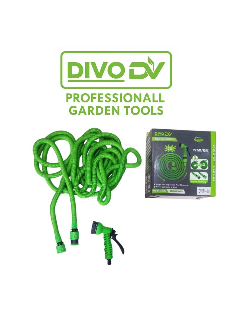 ديفو خرطوم تمدد سحري للحديقة بطول 22.5 متر / 75 قدم مع مسدس رش متعدد الوظائف – DVO714-88 من DVO – خرطوم قابل للتمدد والانكماش تلقائيًا – ضغط عالي – مقاوم للالتواء والعقد - Image 1