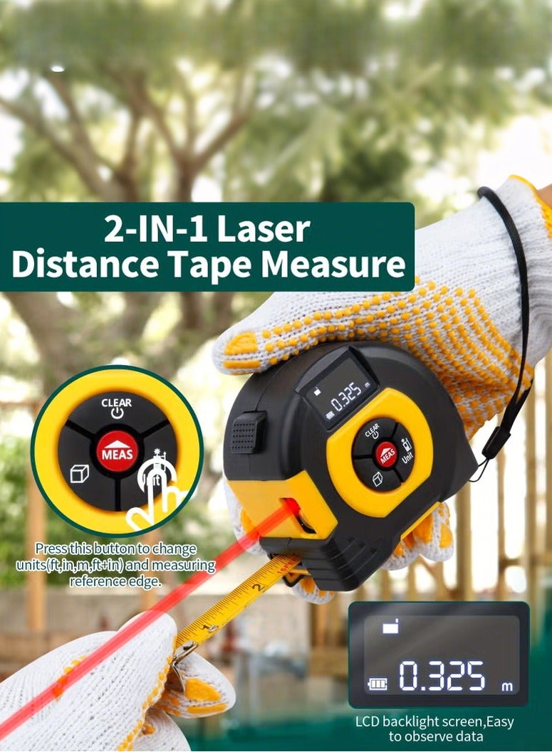والالا شريط قياس ليزر 2 في 1، أجهزة قياس مسافة ليزر رقمية مع شاشة LCD، مقياس مدى ليزر 60 مترًا/196 قدمًا مع شحن من النوع C، شريط قياس فولاذي 5 أمتار/16 قدمًا، مقياس ليزر لقياس المساحة/الحجم/المسافة - Image 1