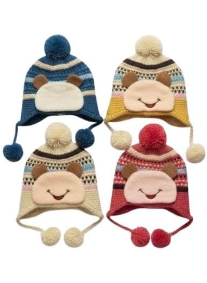 Winter hats for kids, set of 4 pieces, cute cartoon design with pom-poms, multicolor in blue, cream, and red. - Image 1