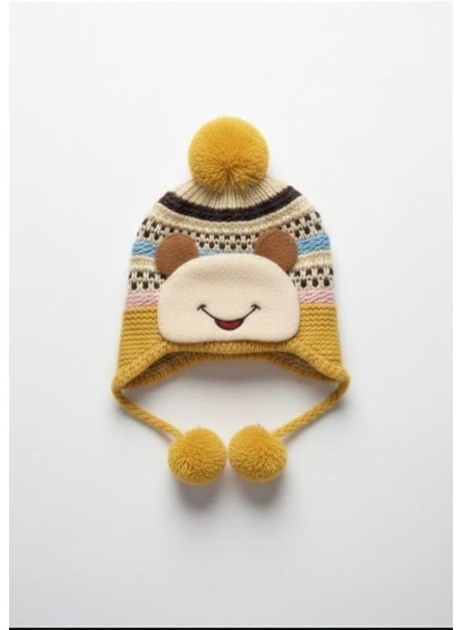Winter hats for kids, set of 4 pieces, cute cartoon design with pom-poms, multicolor in blue, cream, and red. - Image 3