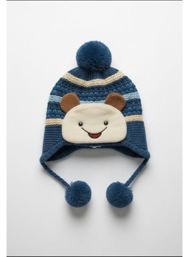 Winter hats for kids, set of 4 pieces, cute cartoon design with pom-poms, multicolor in blue, cream, and red. - Image 4