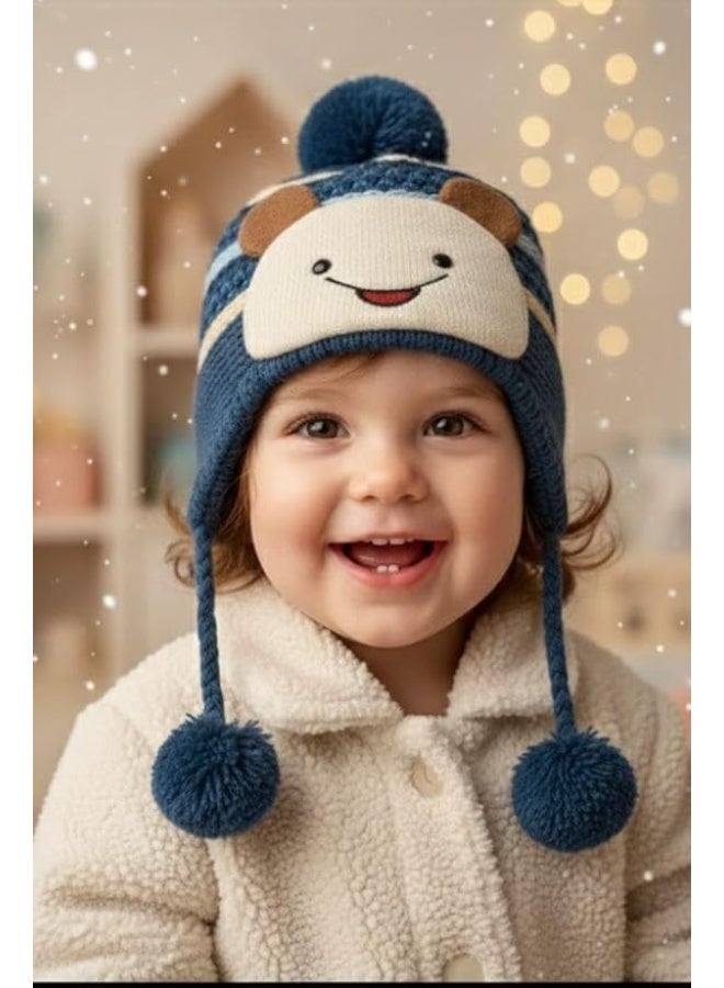 Winter hats for kids, set of 4 pieces, cute cartoon design with pom-poms, multicolor in blue, cream, and red. - Image 5