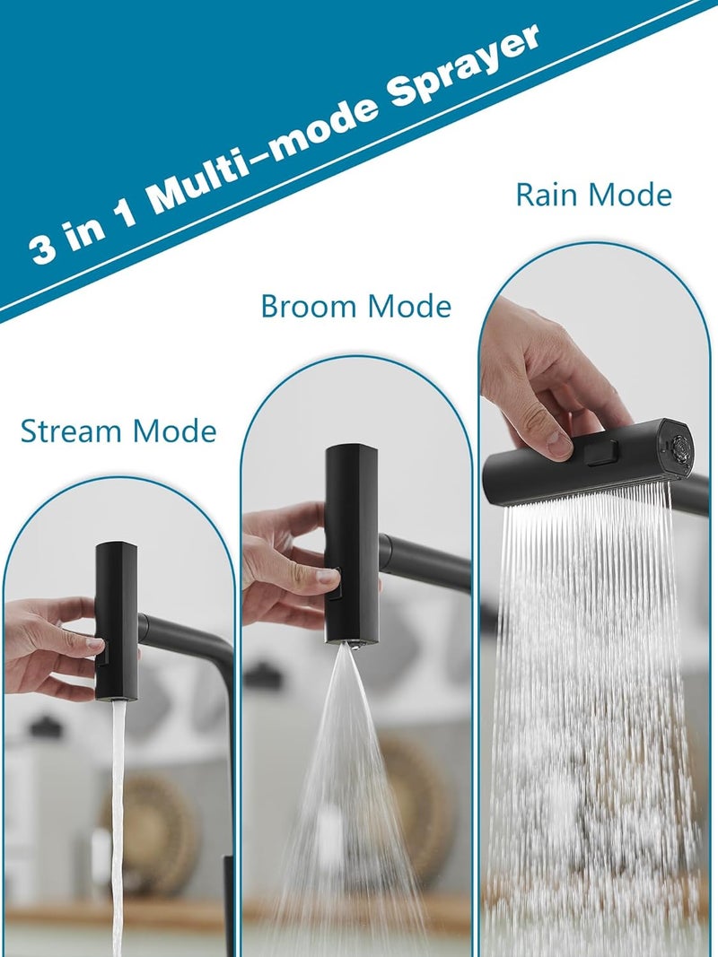 JOOM Black Kitchen Faucets with Pull Down Sprayer,Waterfall Kitchen Sink Faucet,Commercial Utility Stainless Steel Kitchen Faucets,Single Handle Kitchen Sink Faucet with Pull Down Sprayer for 3 Function - Image 2