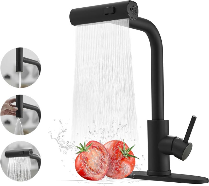 JOOM Black Kitchen Faucets with Pull Down Sprayer,Waterfall Kitchen Sink Faucet,Commercial Utility Stainless Steel Kitchen Faucets,Single Handle Kitchen Sink Faucet with Pull Down Sprayer for 3 Function - Image 1