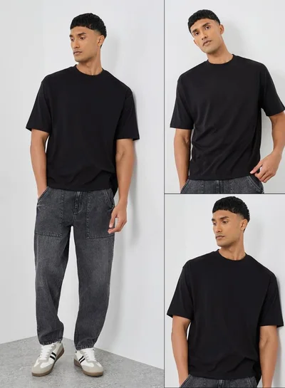 Styli Pack of 2 - Cotton Rich Oversized Crew Neck T-Shirt