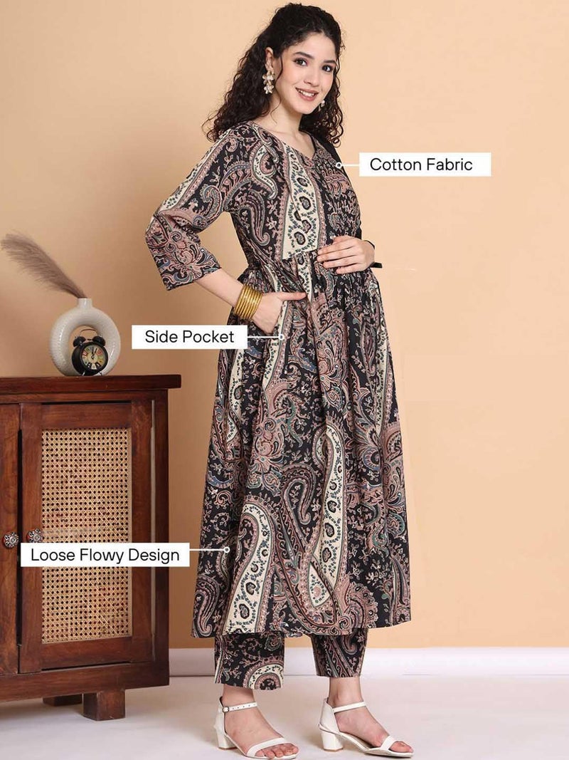 ASSUME FAB Women Viscose Rayon Anarkali Maternity and Feeding Zip Kurti Pant Set(Large Black - Image 5