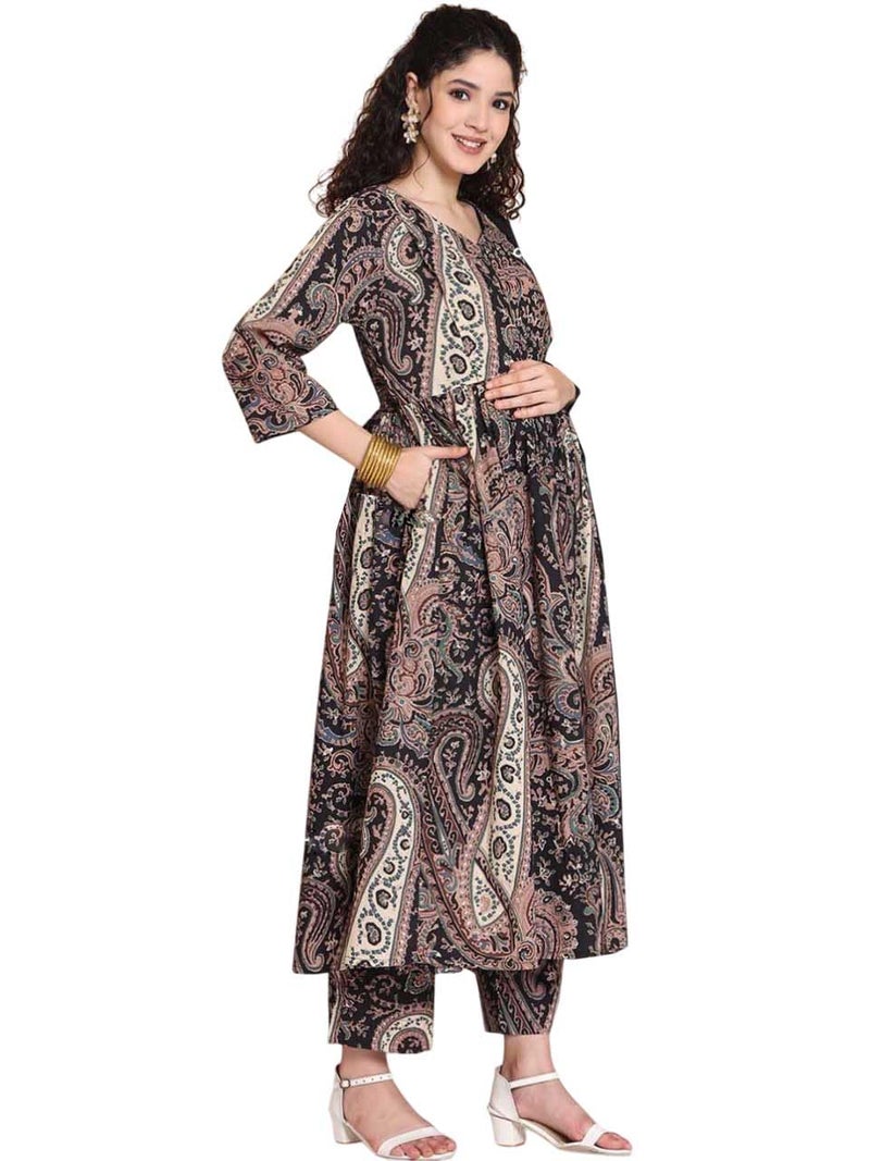 ASSUME FAB Women Viscose Rayon Anarkali Maternity and Feeding Zip Kurti Pant Set(Large Black - Image 1
