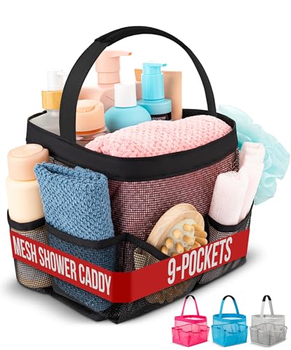 Masirs Shower Caddy Mesh - 9 Pocket Portable Bathroom Organizer Tote for Travel, Gym & Dorm - Collapsible Small Shower Caddy Bag to Hold Toiletries & Essentials (Black) - Image 1