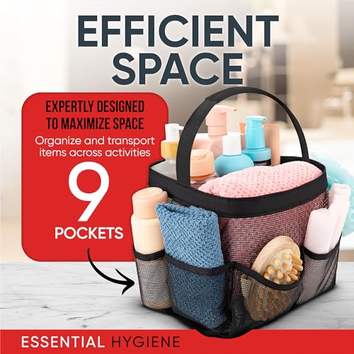 Masirs Shower Caddy Mesh - 9 Pocket Portable Bathroom Organizer Tote for Travel, Gym & Dorm - Collapsible Small Shower Caddy Bag to Hold Toiletries & Essentials (Black) - Image 5