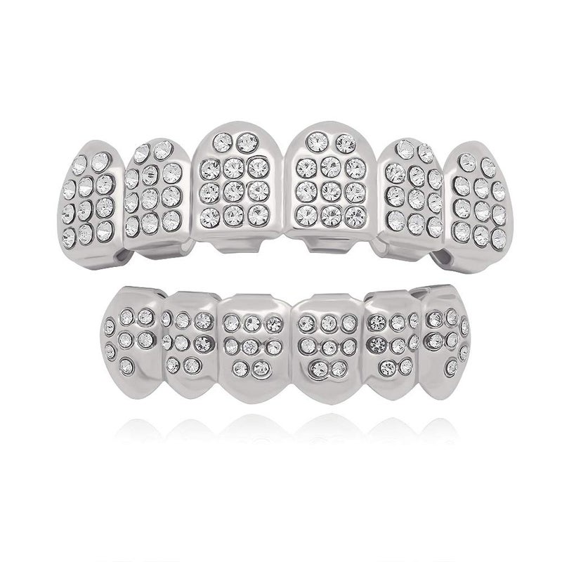 LuReen Silver 6 Teeth Grillz Hip Hop Joker Diamond Top & Bottom Teeth Caps Grillz Set for Teeth Rapper Costume Cosplay - Image 1