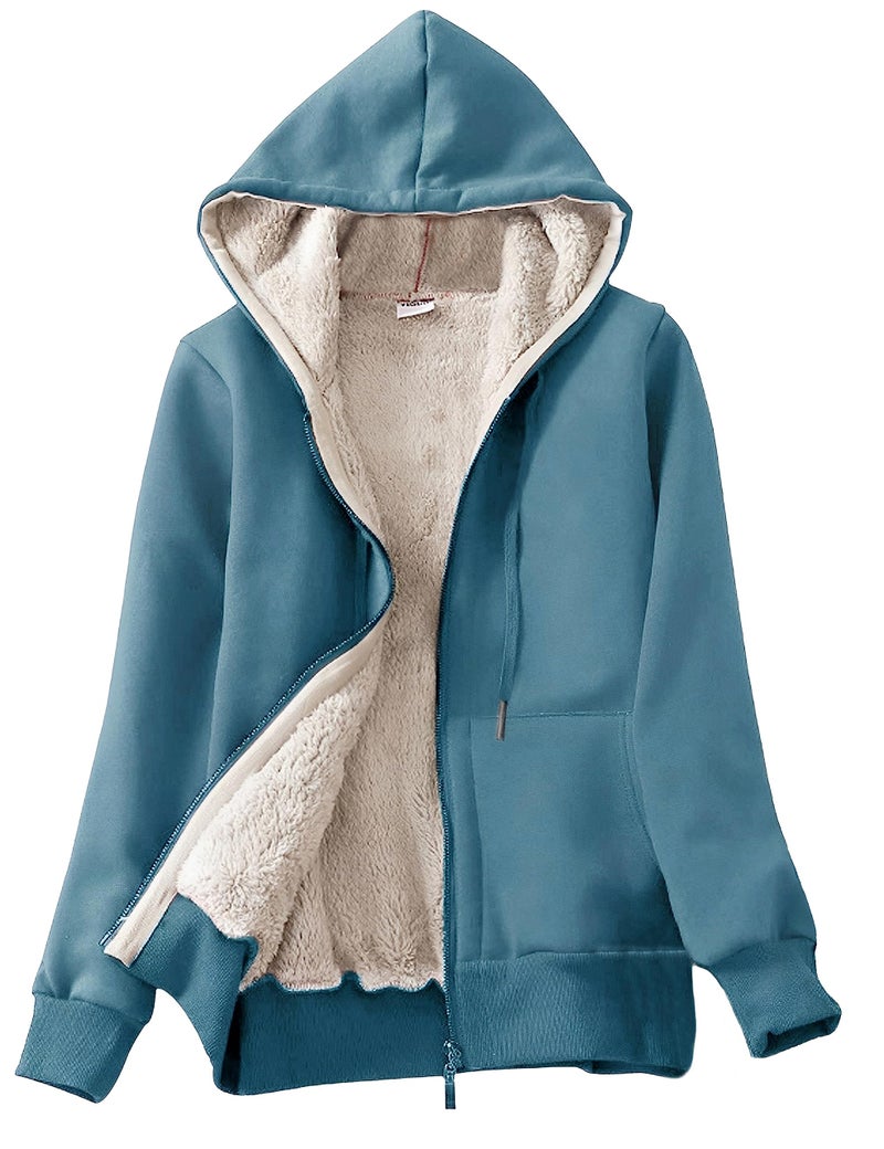 Yeokou Women's Casual Full Zip Up Sherpa Lined Hoodie Sweatshirt Jacket Coat (DustyBlue-XL) - Image 1