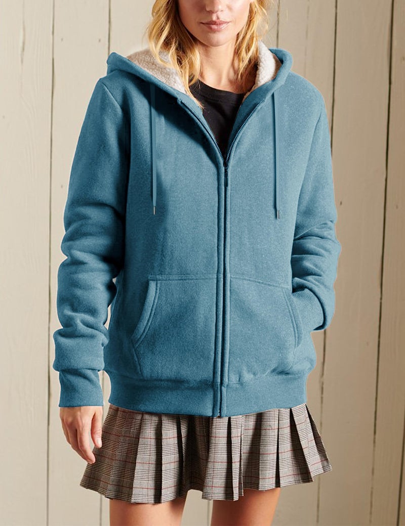 Yeokou Women's Casual Full Zip Up Sherpa Lined Hoodie Sweatshirt Jacket Coat (DustyBlue-XL) - Image 2