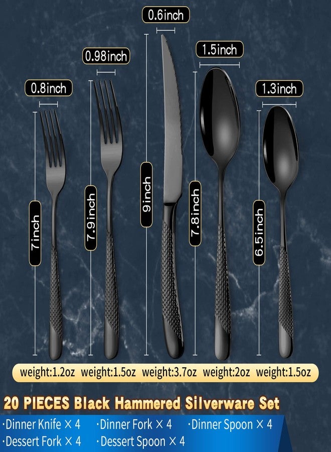 Lemeya 20-Piece Hammered Black Silverware Set for 4,18/10 Stainless Steel Flatware Set with Serrated Forged Knives,Heavy Duty Cutlery Set for Home & Party Restaurant,Mirror Polished, Dishwasher Safe - Image 3