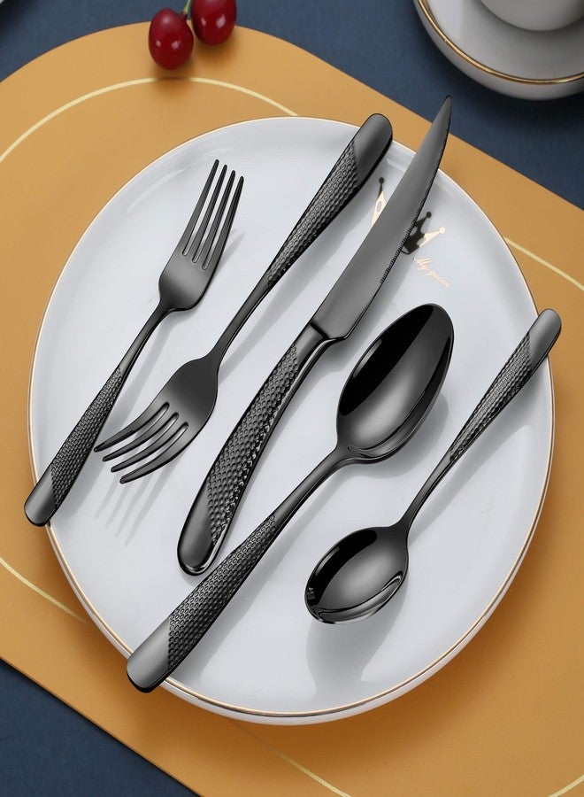 Lemeya 20-Piece Hammered Black Silverware Set for 4,18/10 Stainless Steel Flatware Set with Serrated Forged Knives,Heavy Duty Cutlery Set for Home & Party Restaurant,Mirror Polished, Dishwasher Safe - Image 2