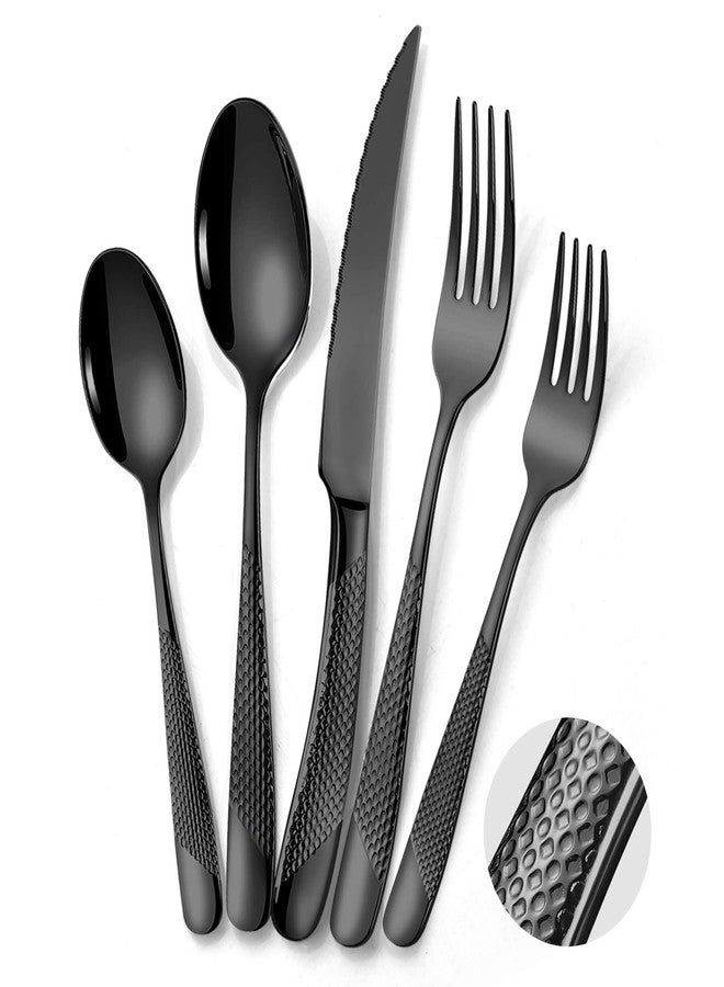 Lemeya 20-Piece Hammered Black Silverware Set for 4,18/10 Stainless Steel Flatware Set with Serrated Forged Knives,Heavy Duty Cutlery Set for Home & Party Restaurant,Mirror Polished, Dishwasher Safe - Image 1