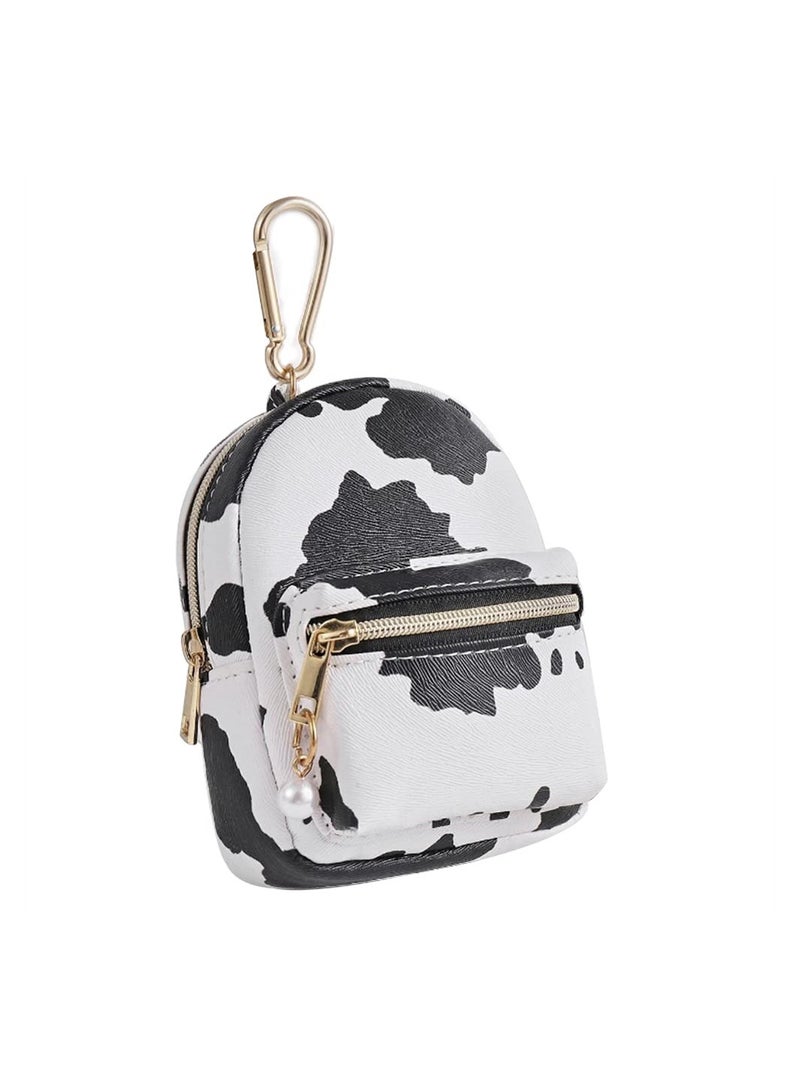 Excefore Printed Cow Pattern Coin Purse, PU Leather Little Backpack Portable Cute Mini Key Chain Bags  for Women, Mini Wallets, Cute Small Change Purse (White)  - Image 1
