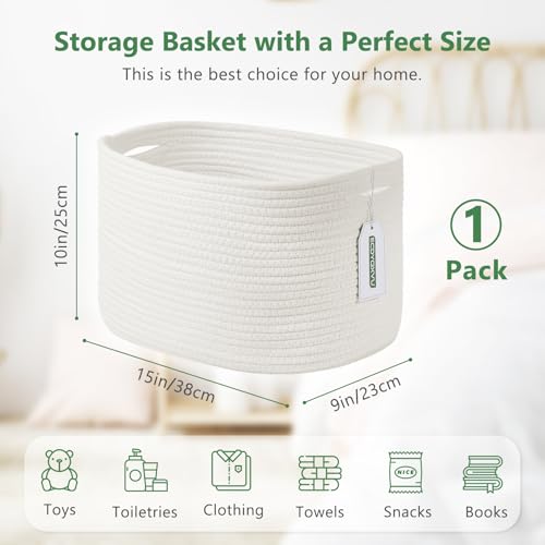 ECDYQXVU Cotton Rope Storage Basket, 15x10x9 Inches, Woven Basket for Shelves, Clothes, Toys, Towels, Books, and Laundry, Durable and Stylish, White (1 Pack) - Image 3