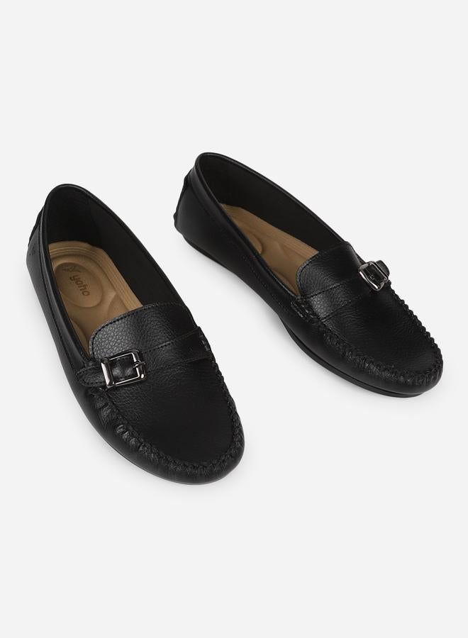 YOHO Black Buckle Detail Round Toe Loafers - Image 4