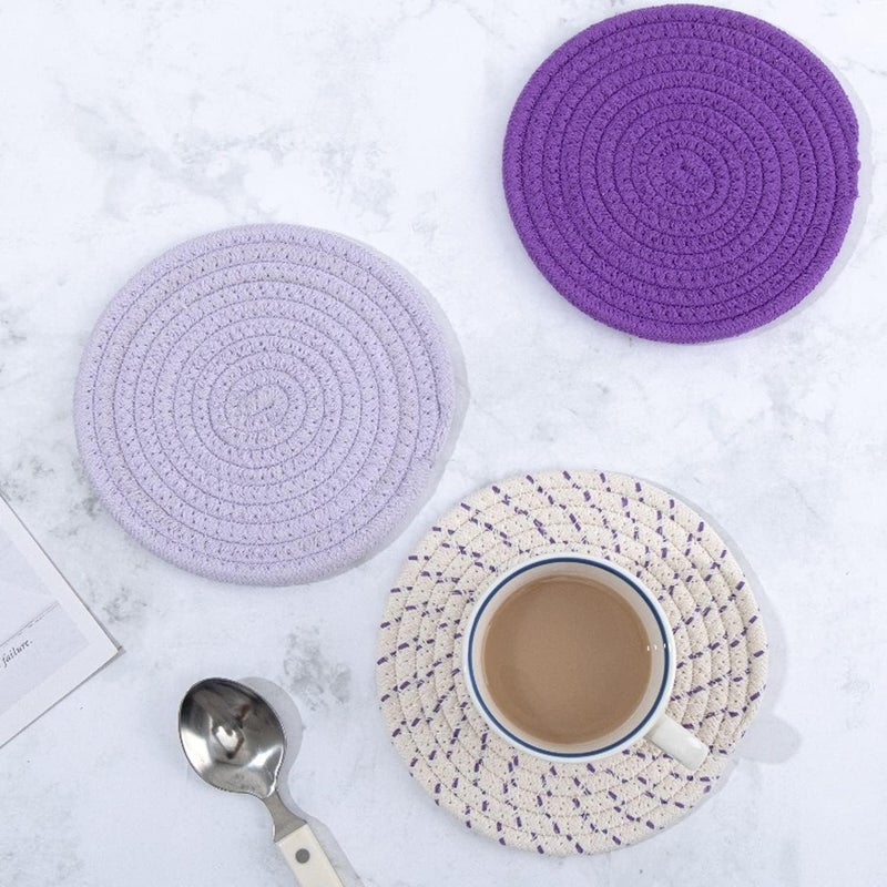 vigor path 100 Cotton Thread Weave Potholders and Trivets  Stylish Coasters Hot Pads Hot Mats Spoon Rest Set of 3  7 Inch Diameter Placemats  Perfect for Cooking and Baking by Diameter Purple - Image 3