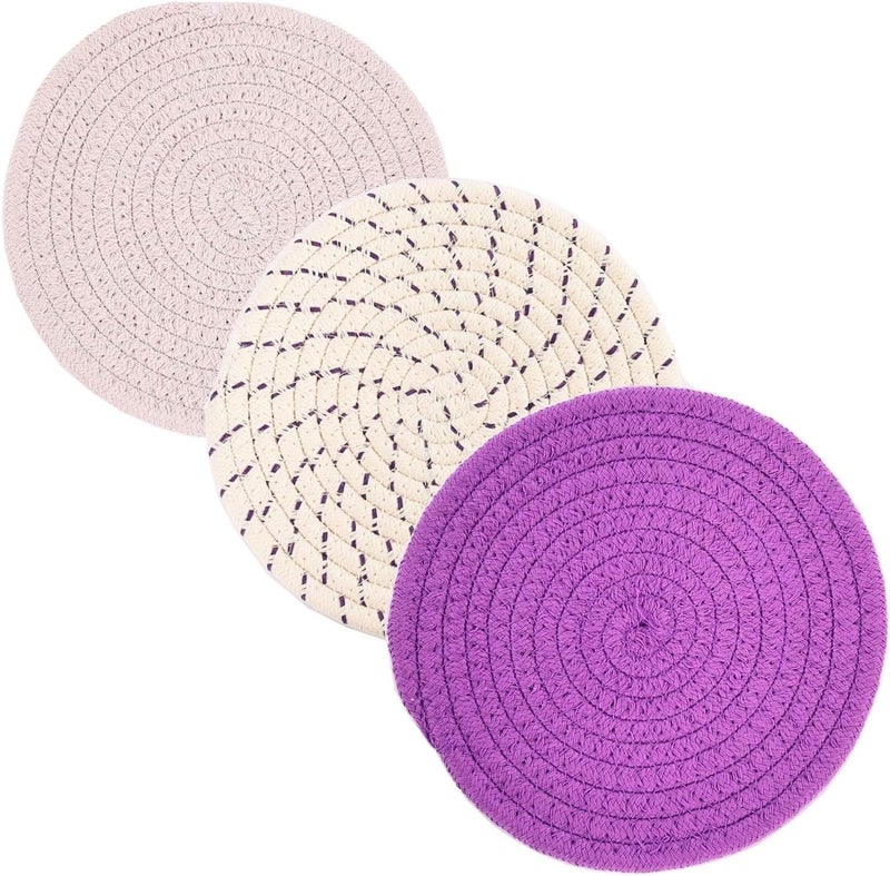 vigor path 100 Cotton Thread Weave Potholders and Trivets  Stylish Coasters Hot Pads Hot Mats Spoon Rest Set of 3  7 Inch Diameter Placemats  Perfect for Cooking and Baking by Diameter Purple - Image 1