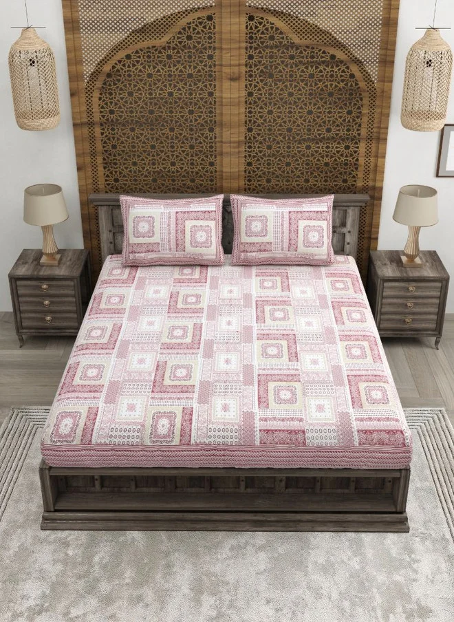 CLOTHOLOGY CLOTHOLOGY Jaipuri Prints Pink Geometric Cotton 180 TC King Fine Bedsheet with 2 Pillow Covers