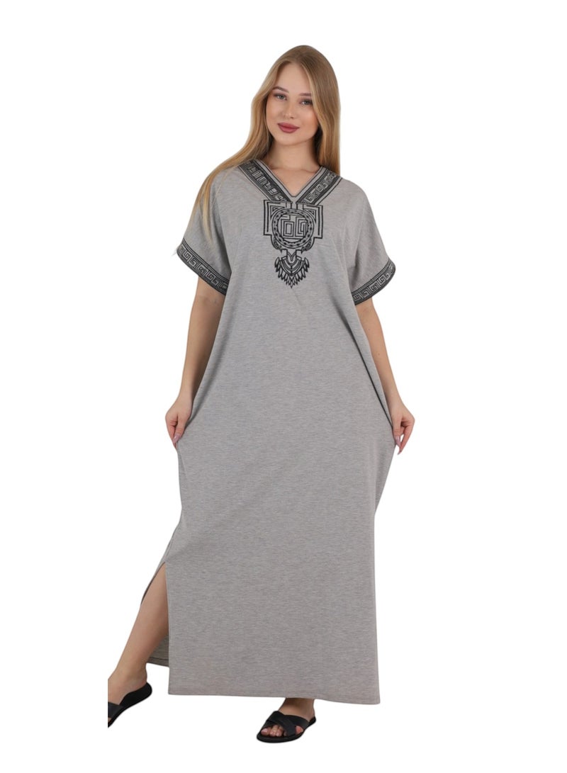 Zecotex Women's Cotton Home Abaya - Soft Short Sleeve Embroidered Maxi Kaftan House Dress, Grey - Image 2